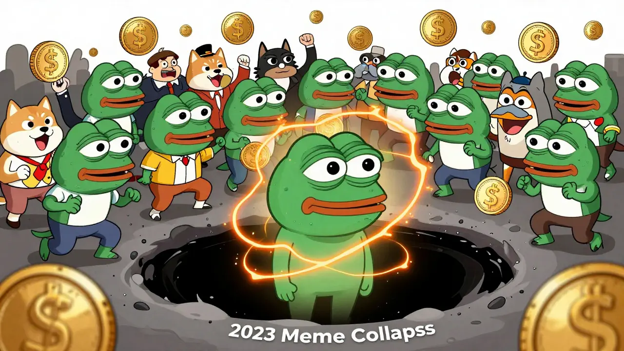 Chaotic meme coins falling into a collapse black hole while PePeonTron's Pepe floats calmly above.