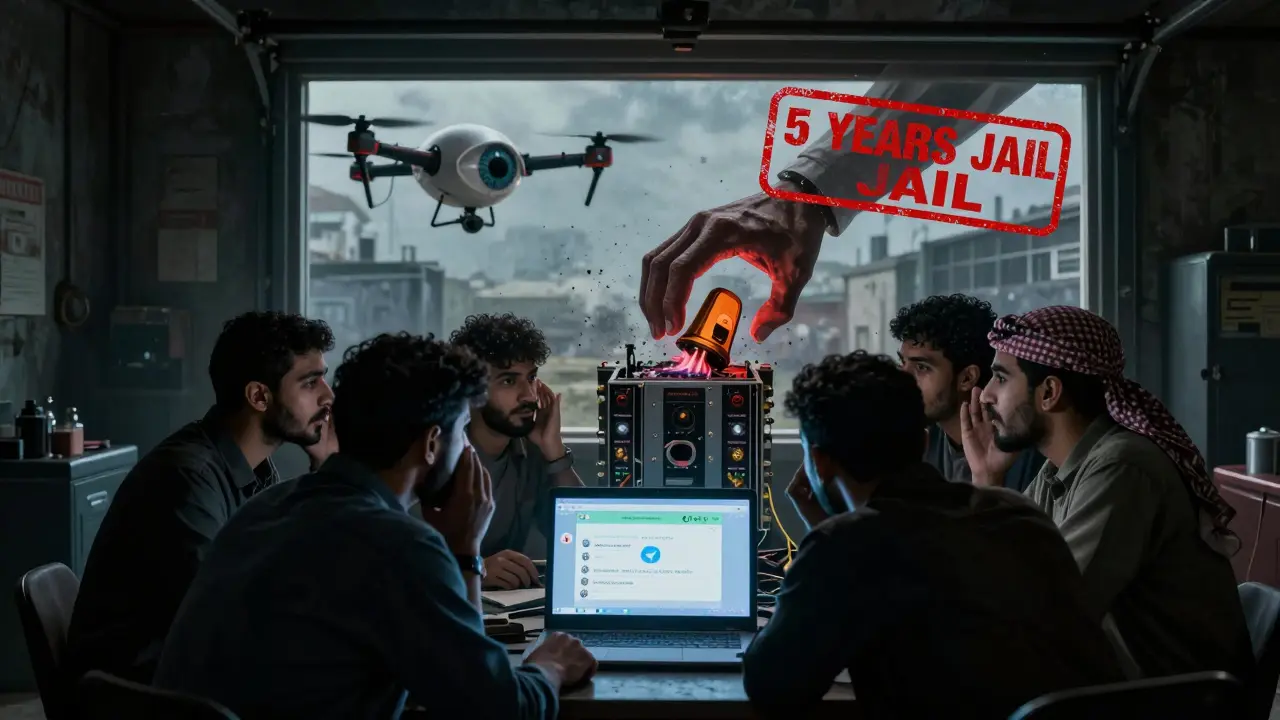 Clandestine crypto traders in a garage are watched by a giant surveillance eye.