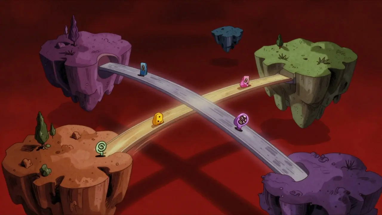 Floating islands connected by glowing bridges in classic cartoon style.