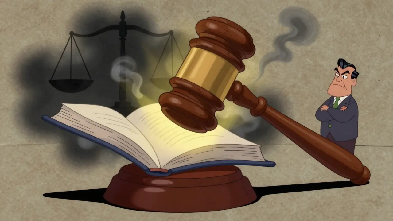 Giant gavel striking near floating book emitting light to clear dark fog clouds.