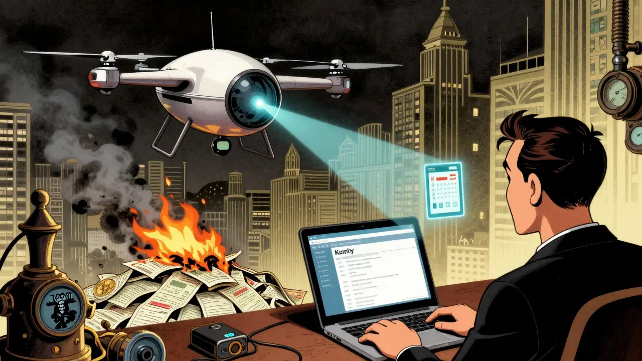 HMRC drone scanning crypto wallets while a person uses tax software to track transactions.