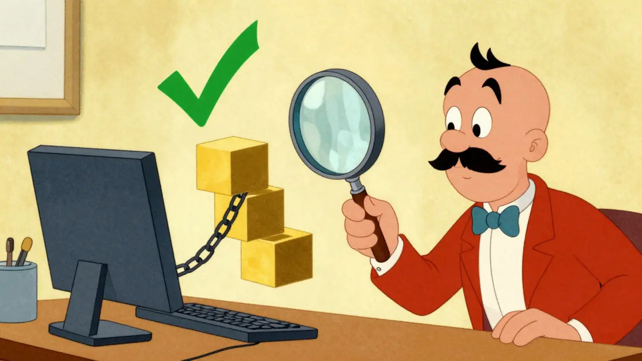 Inspector using magnifying glass on blockchain chain