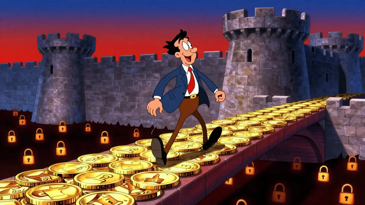 Man walking bridge of coins toward stone building above dark pit.
