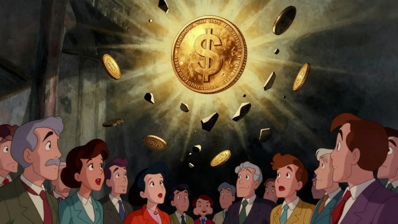 Official coin rising above dark tokens cartoon art.