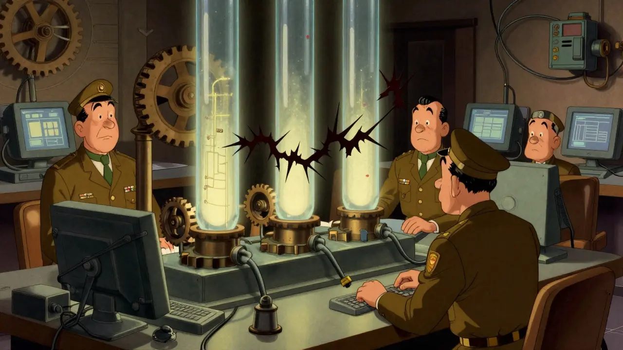 Officials monitoring transaction filters in retro style.