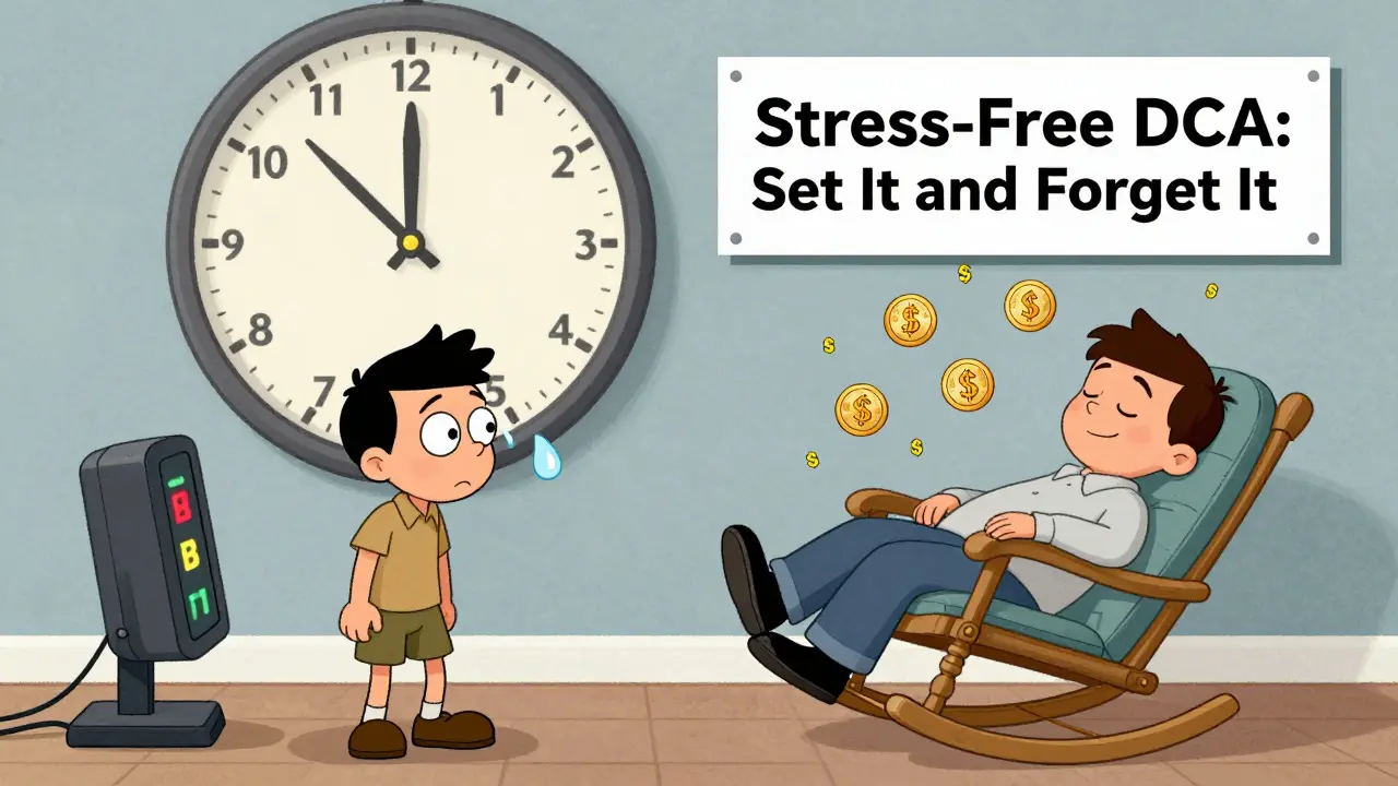 One person sleeps peacefully under automated monthly investing, while another stresses over flickering crypto charts.