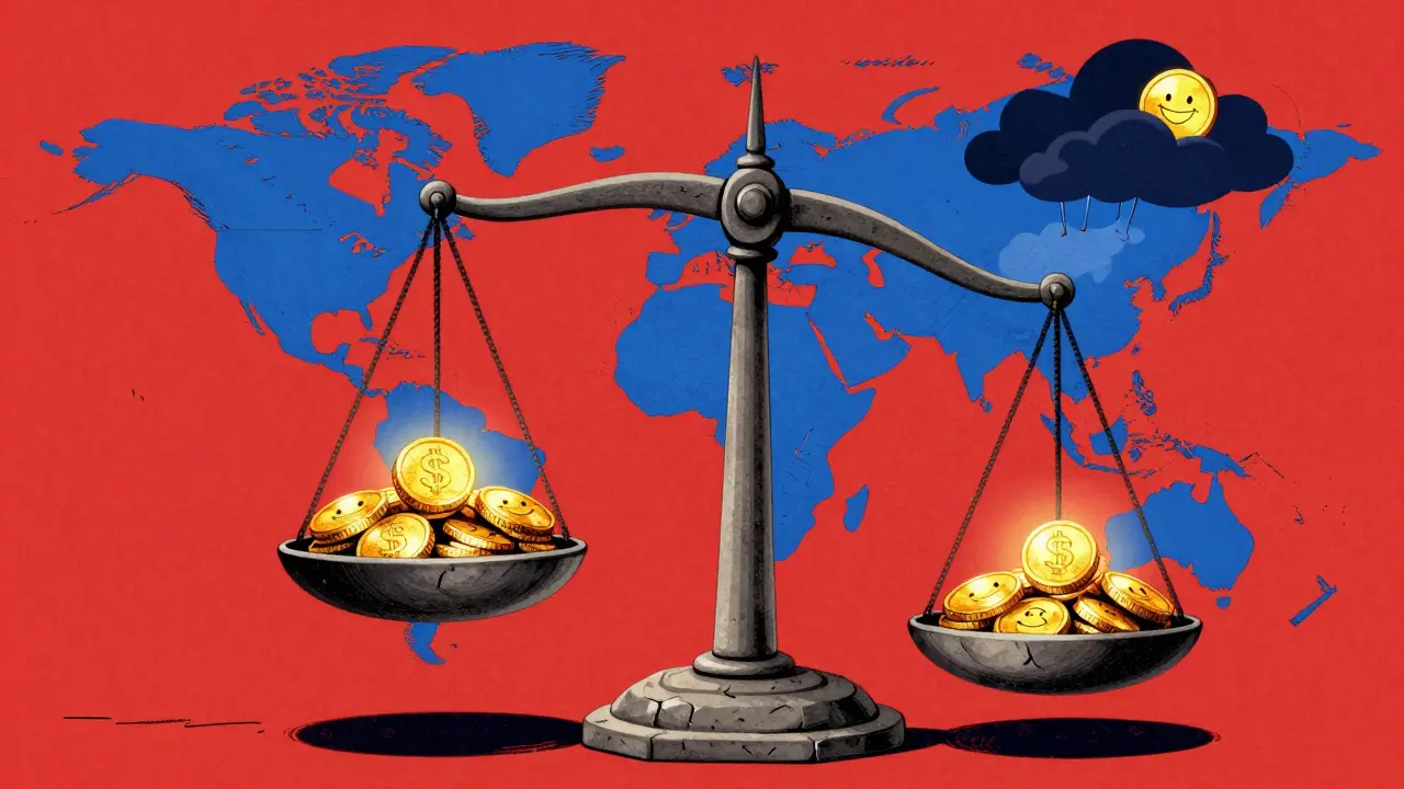 Scales weighing law stones against glowing digital gold coins cartoon.