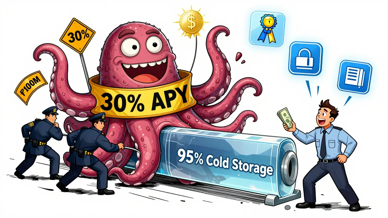 SEC agents dragging away a crypto fraud monster while a worker sends money through a secure transaction channel.