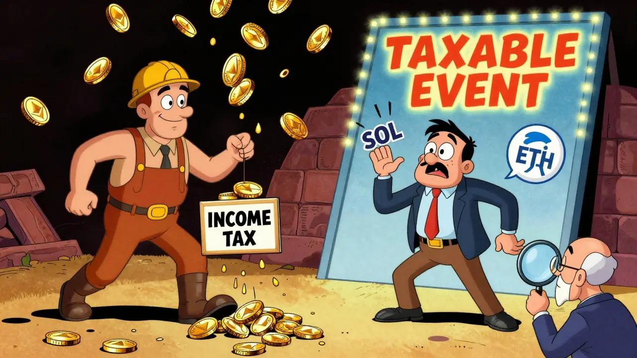 Split scene showing crypto staking as income and token swapping as a taxable event.