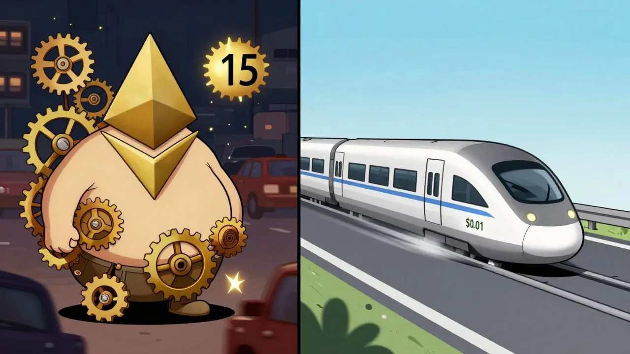 Split-screen: expensive Ethereum smart contract vs. cheap Tron transfer, in classic Fleischer animation.