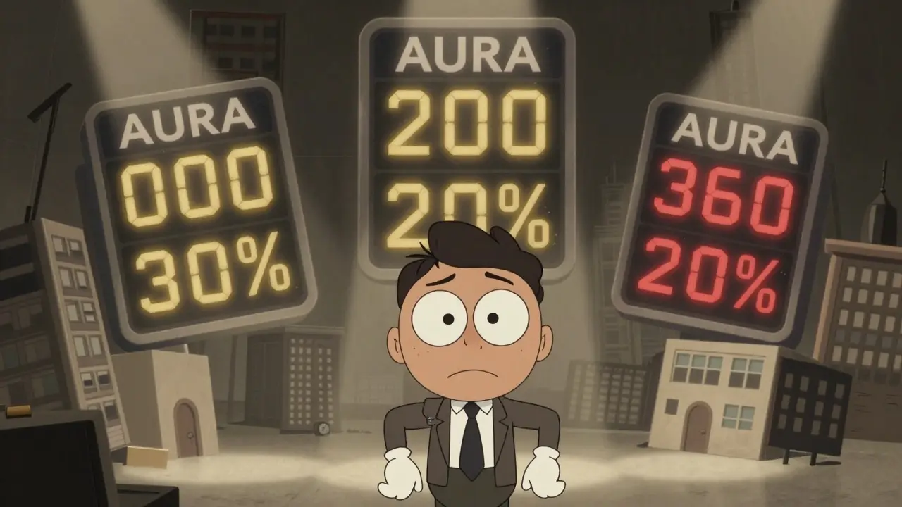 A cartoon character looking confused at three different price tickers in a distorted city.
