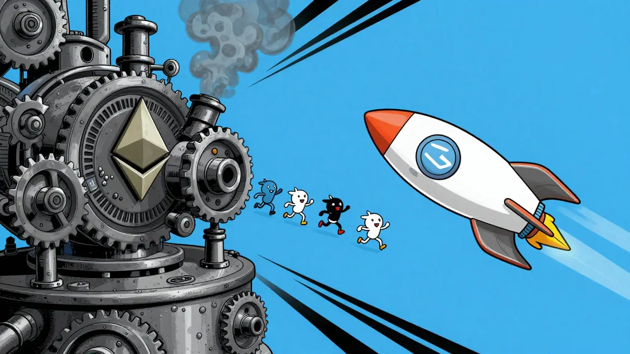 A cartoon comparison showing a heavy industrial machine transitioning into a sleek WAT rocket ship.