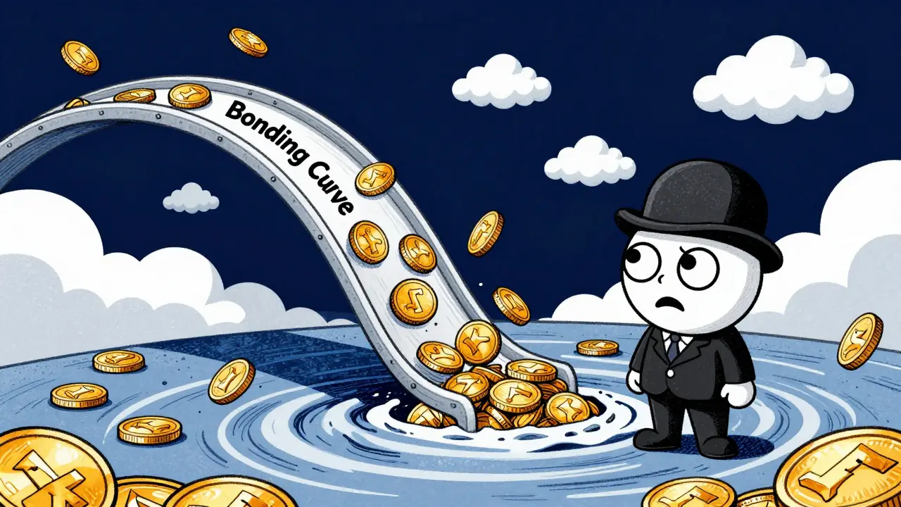 A character standing by a curving slide of gold tokens flowing into a pool.