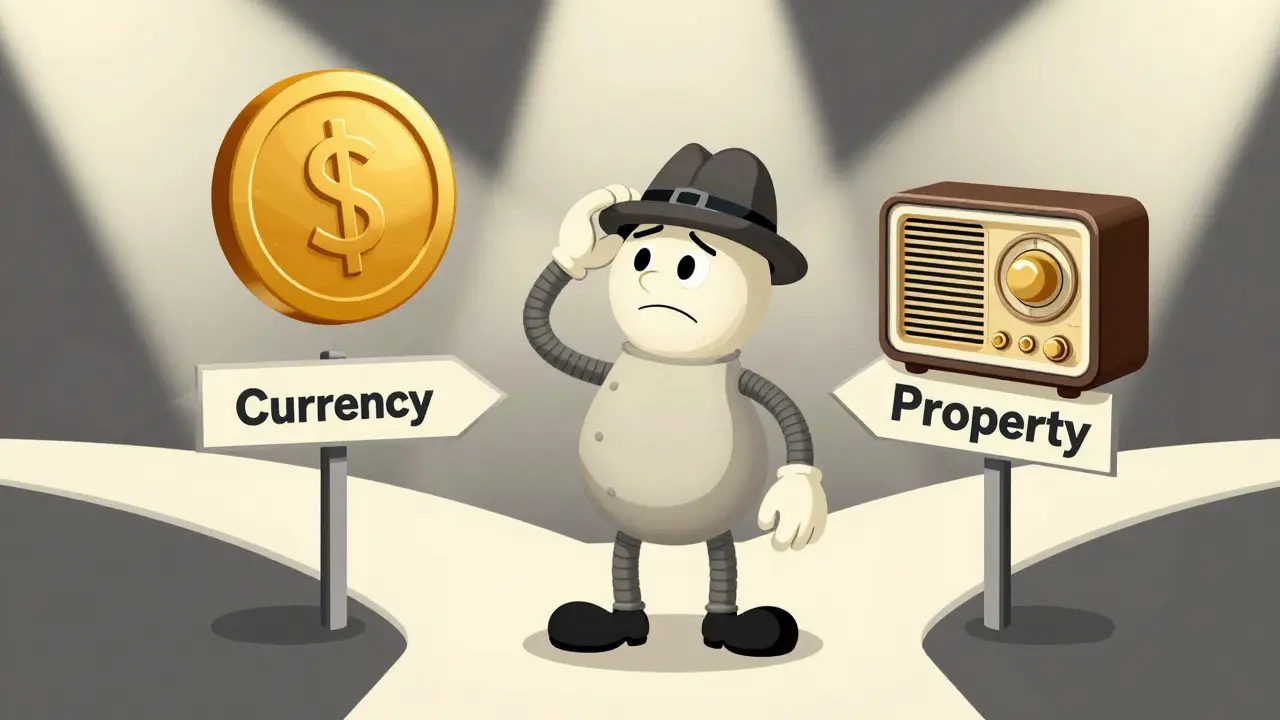 A confused detective character choosing between a giant coin and a digital wallet.