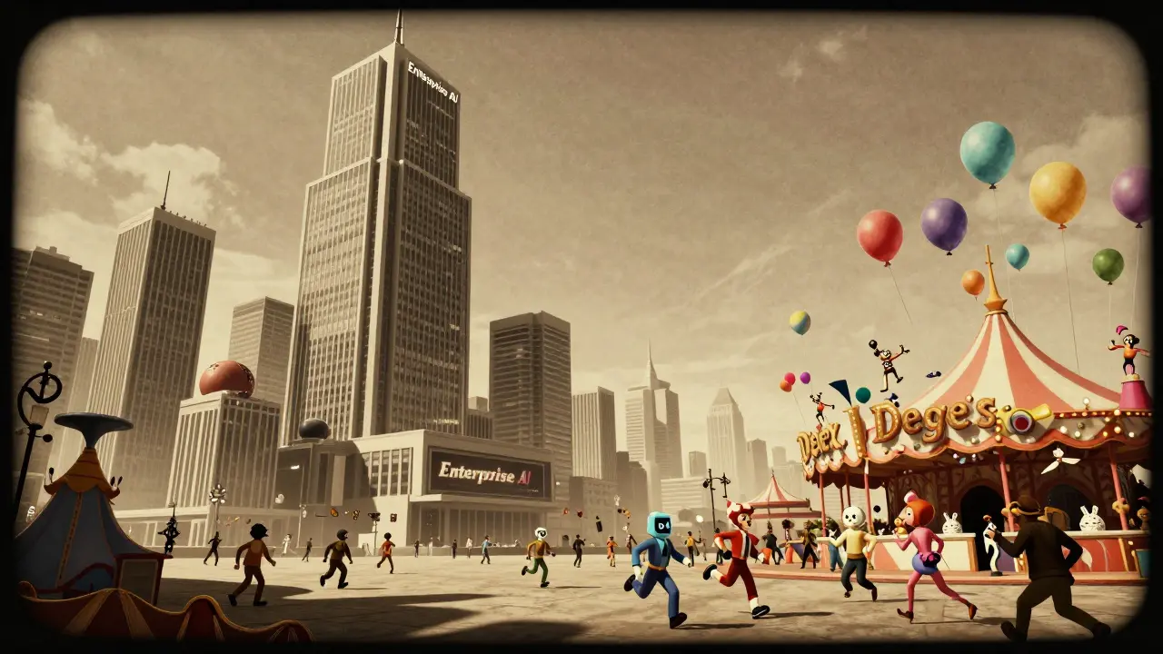 A contrast between a giant corporate AI building and a lively carnival of AI agents.