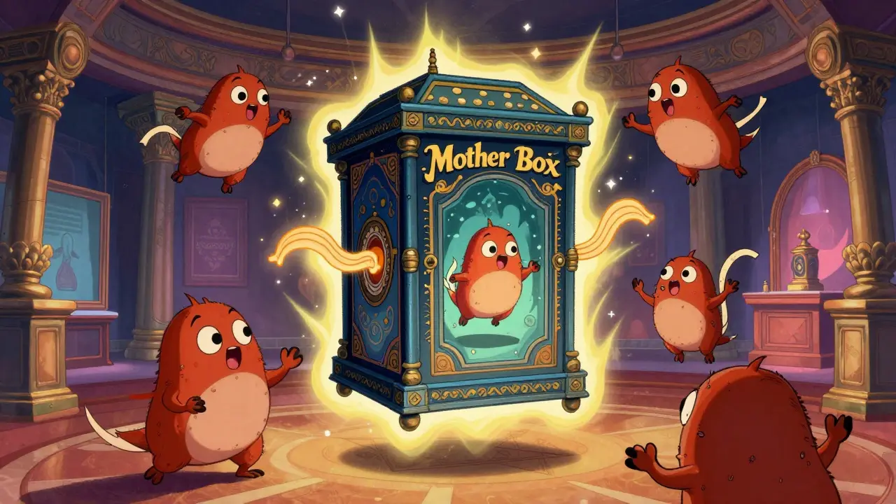 A magical mystery box surrounded by dancing Metamon creatures in a vintage cartoon style.