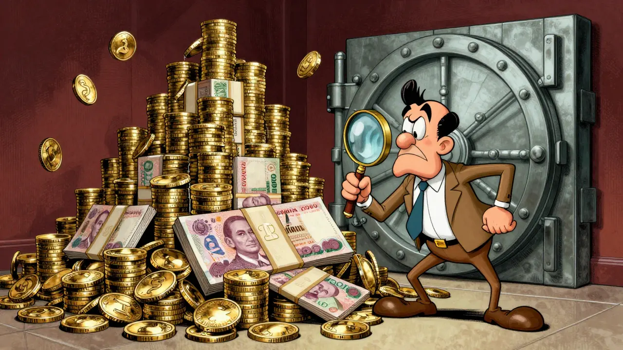 A massive stack of gold coins and banknotes in a vintage bank vault, animated in Fleischer Studios style.
