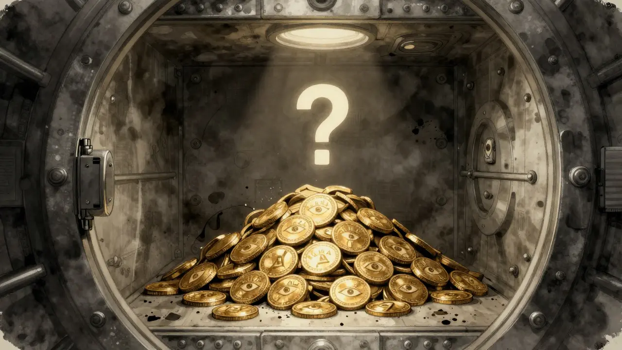 A pile of gold tokens gathering dust in an empty vault with a floating question mark.