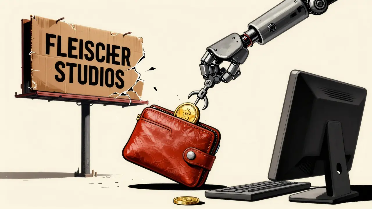 A robotic arm stealing a digital wallet pouch in a classic animation style.
