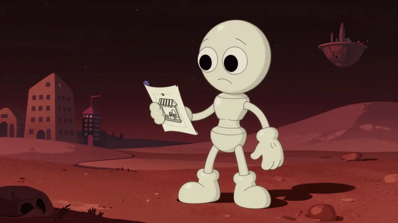 A rubber-hose character exploring a whimsical red Martian landscape in the USM Metaverse.