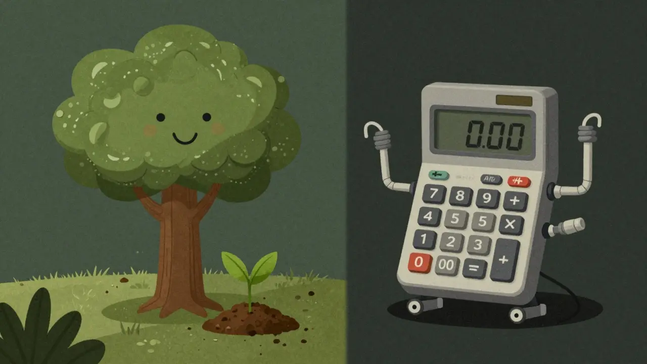 A smiling cartoon tree next to a mechanical calculator showing zero value