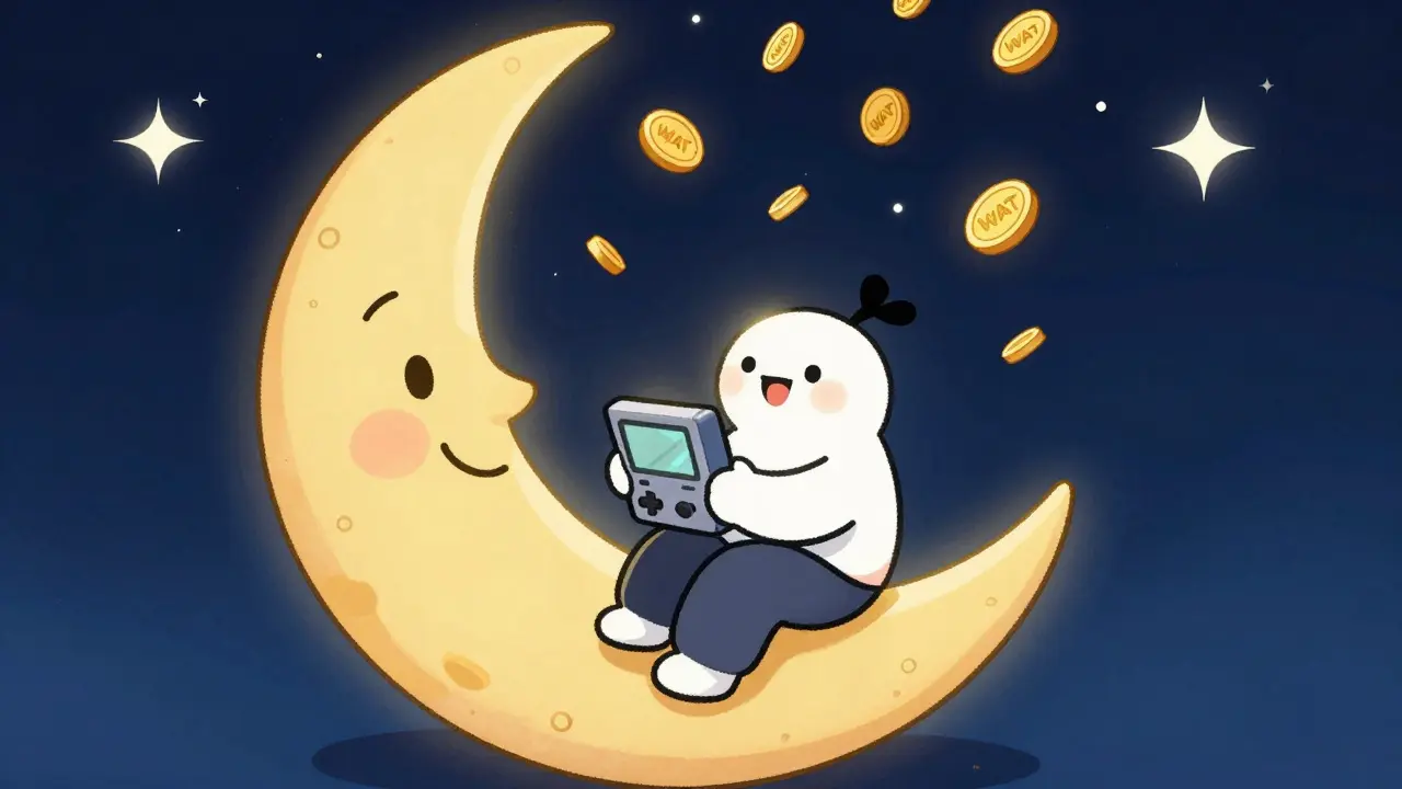 A whimsical character earning WAT coins while gaming on a crescent moon in a classic animation style.