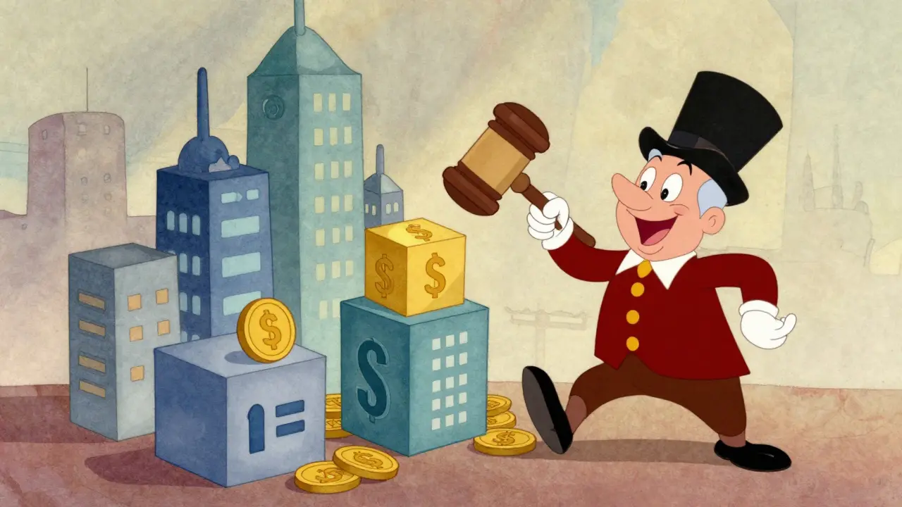 A whimsical digital city with blockchain buildings and a judge creating a new legal category.