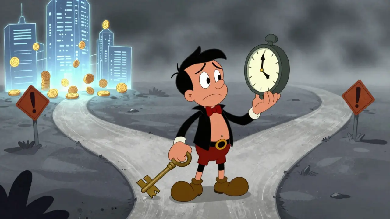 A worried cartoon character with a large key at a digital crossroads in vintage style.