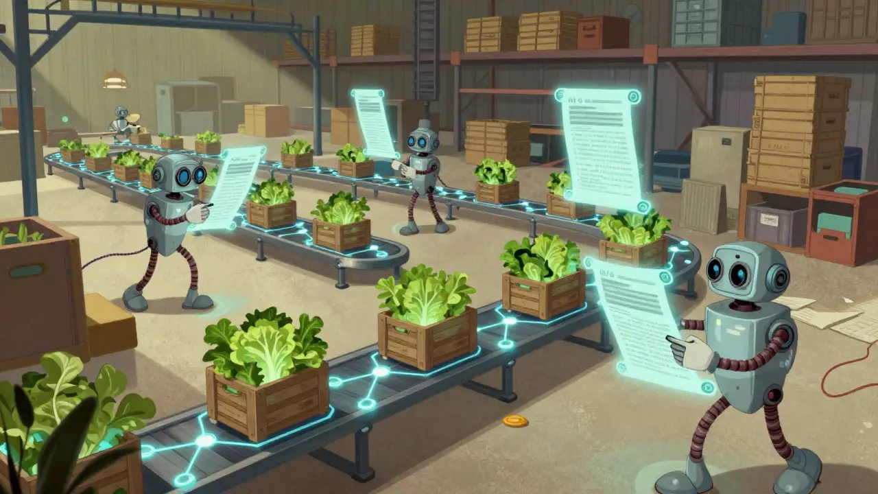 Animated 1930s style scene of a blockchain-powered supply chain with helpful robots.