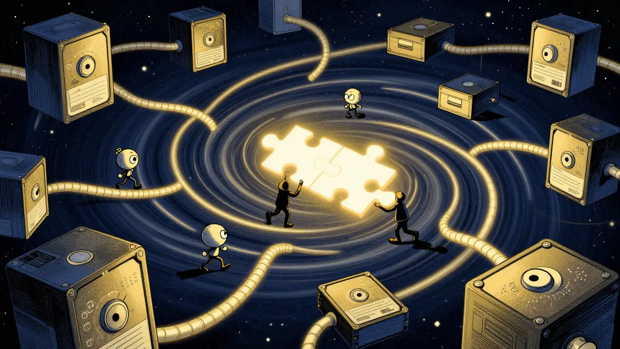 Animated characters moving puzzle pieces through a network of floating hard drives