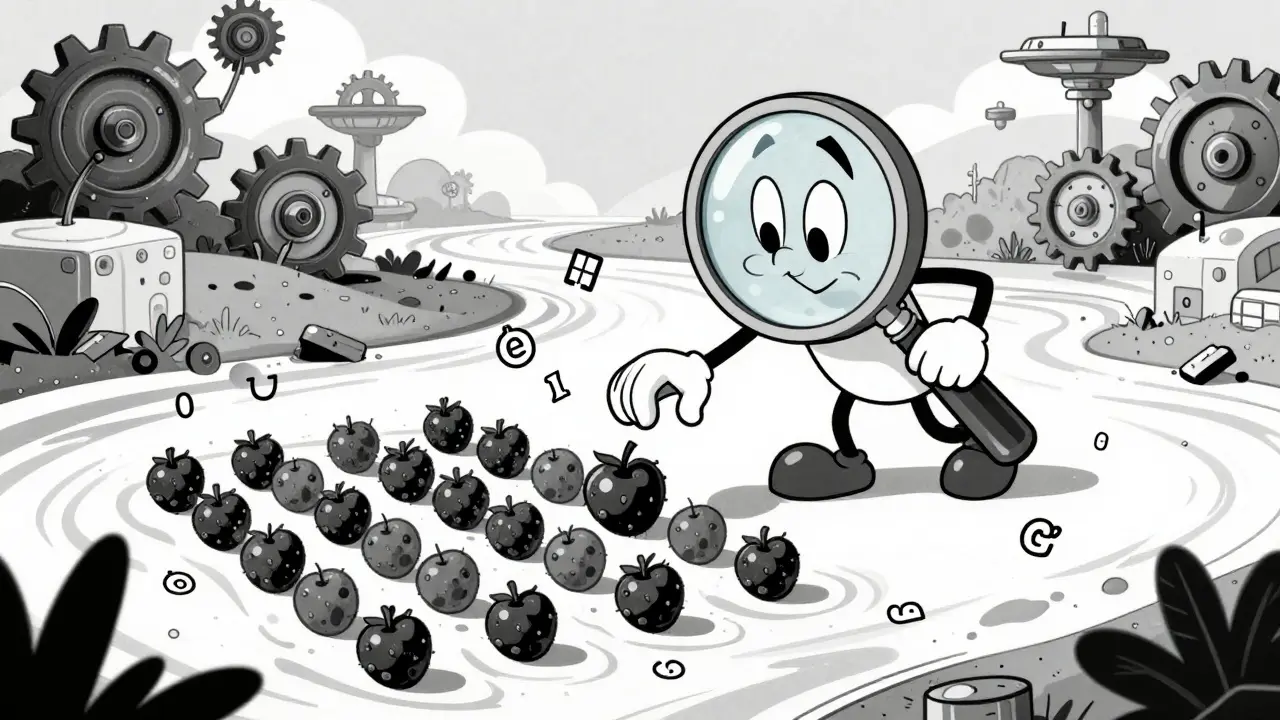 Anthropomorphic magnifying glass organizing binary data into berries in a surreal landscape