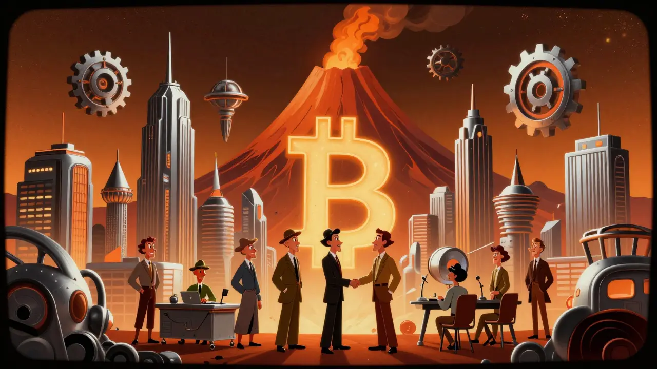 Art deco futuristic city by a volcano in a classic 1930s animation style.