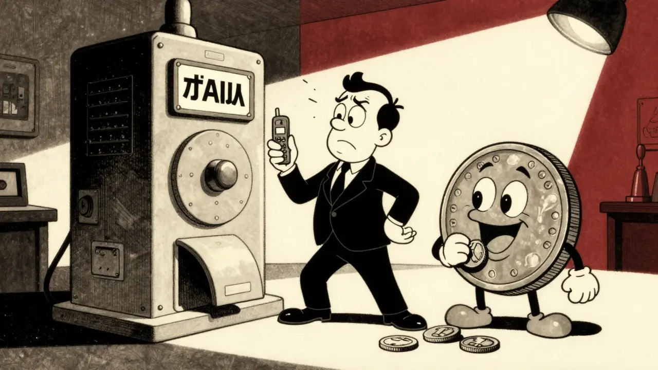 Cartoon character struggling with a confusing interface and a coin eating smaller coins