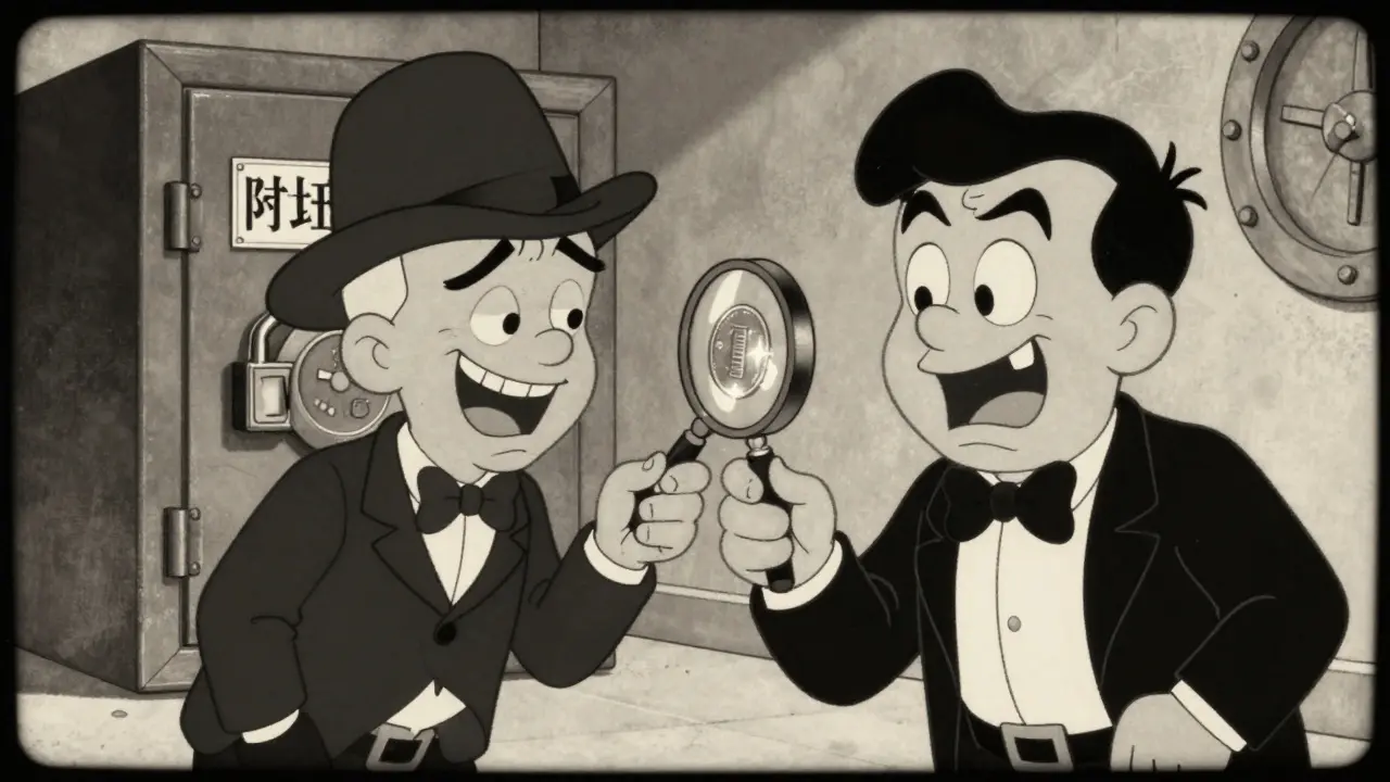 Cartoon detective skeptically examining a suspicious character offering a fake coin.