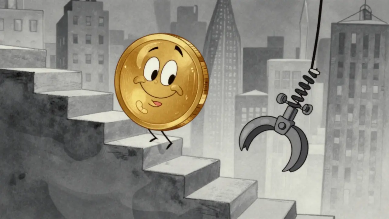 Cartoon gold coin climbing stairs with a mechanical claw trailing behind.