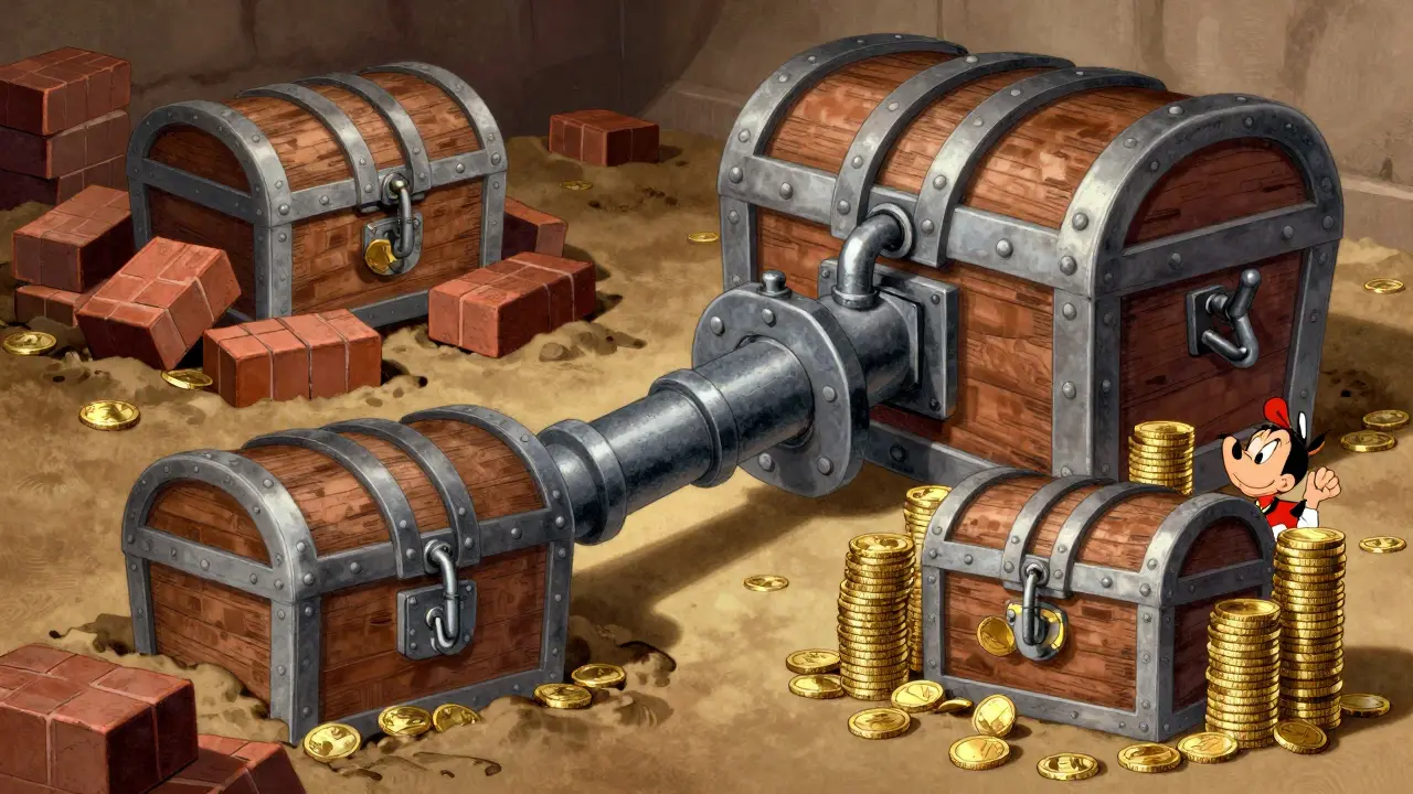 Cartoon illustration of a treasure chest being secured by bricks, a lock, and gold coins.