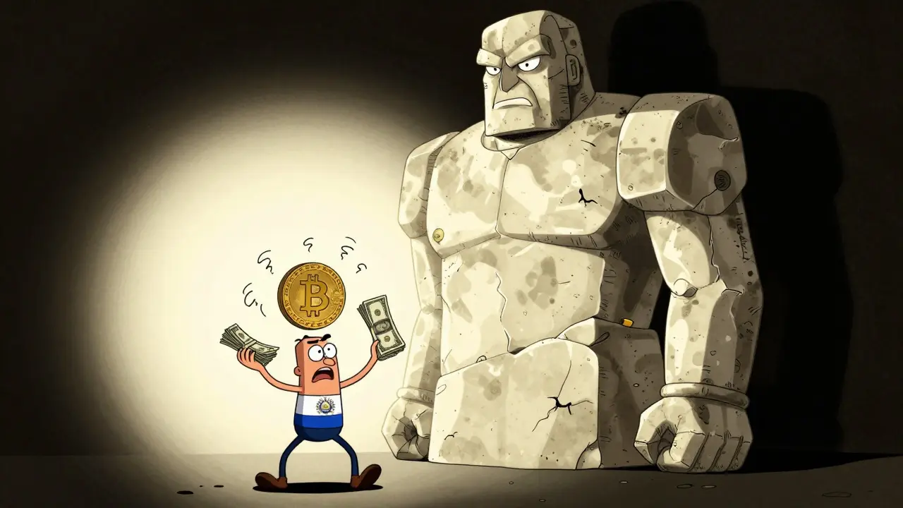 Cartoon of a small character facing a giant stone IMF monolith while juggling currency.