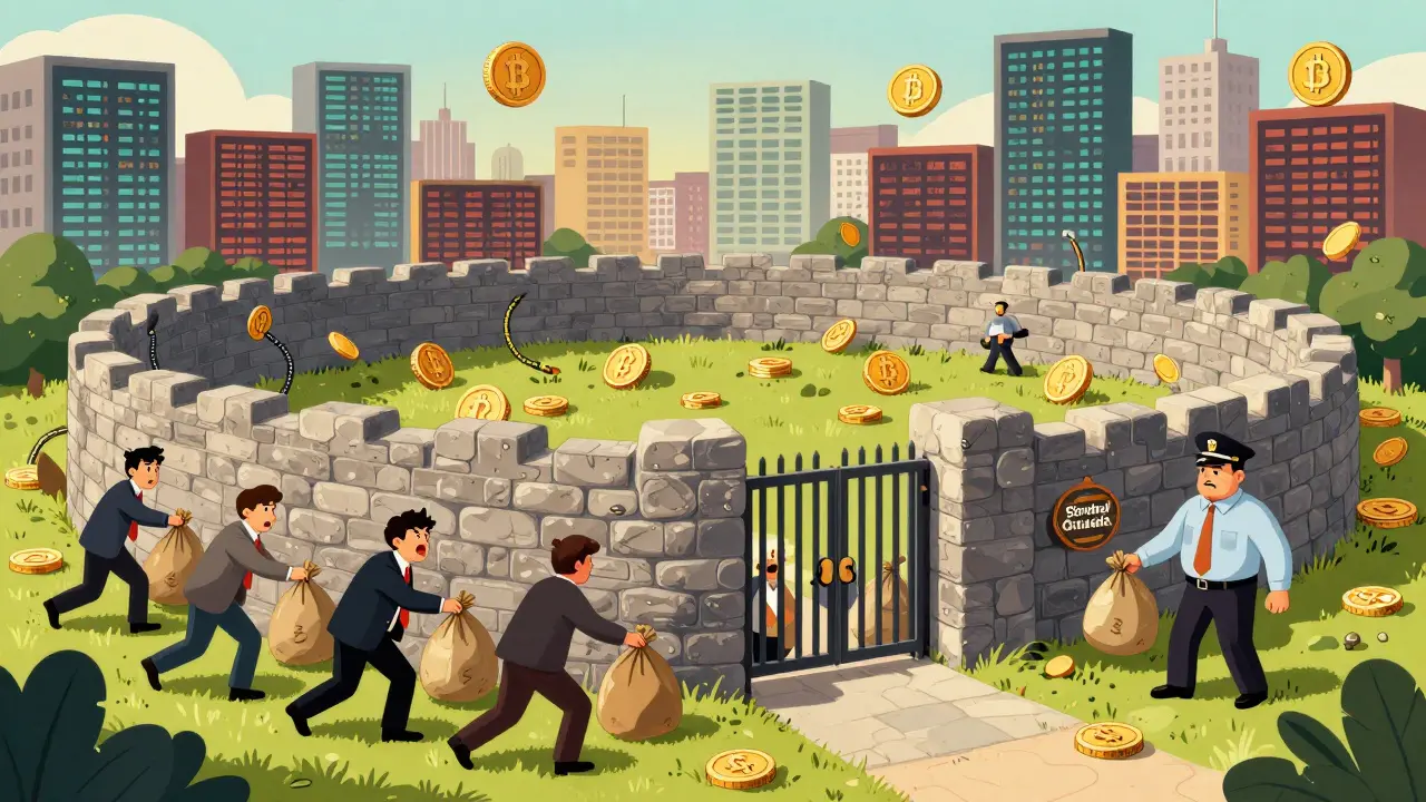 Cartoon of traders unable to enter a walled city due to a strict bank official.