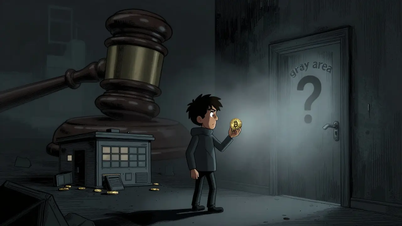 Cautious cartoon character standing before a mysterious door with a giant gavel overhead