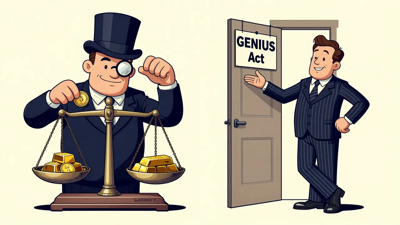 Comparison between a strict EU regulator and a relaxed US official regarding stablecoins.