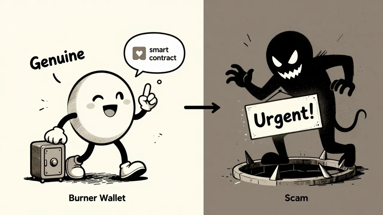 Comparison of a safe burner wallet versus a sinister scam trap in vintage animation style.