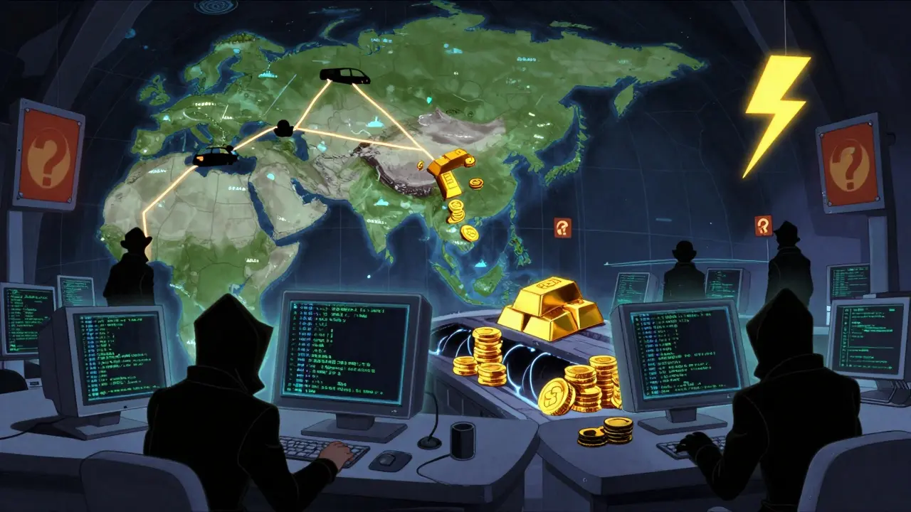 Cyber heist scene showing digital funds moving through underground tunnels