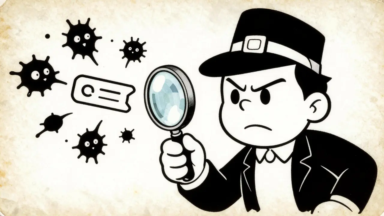 Detective character examining a suspicious digital link with a magnifying glass