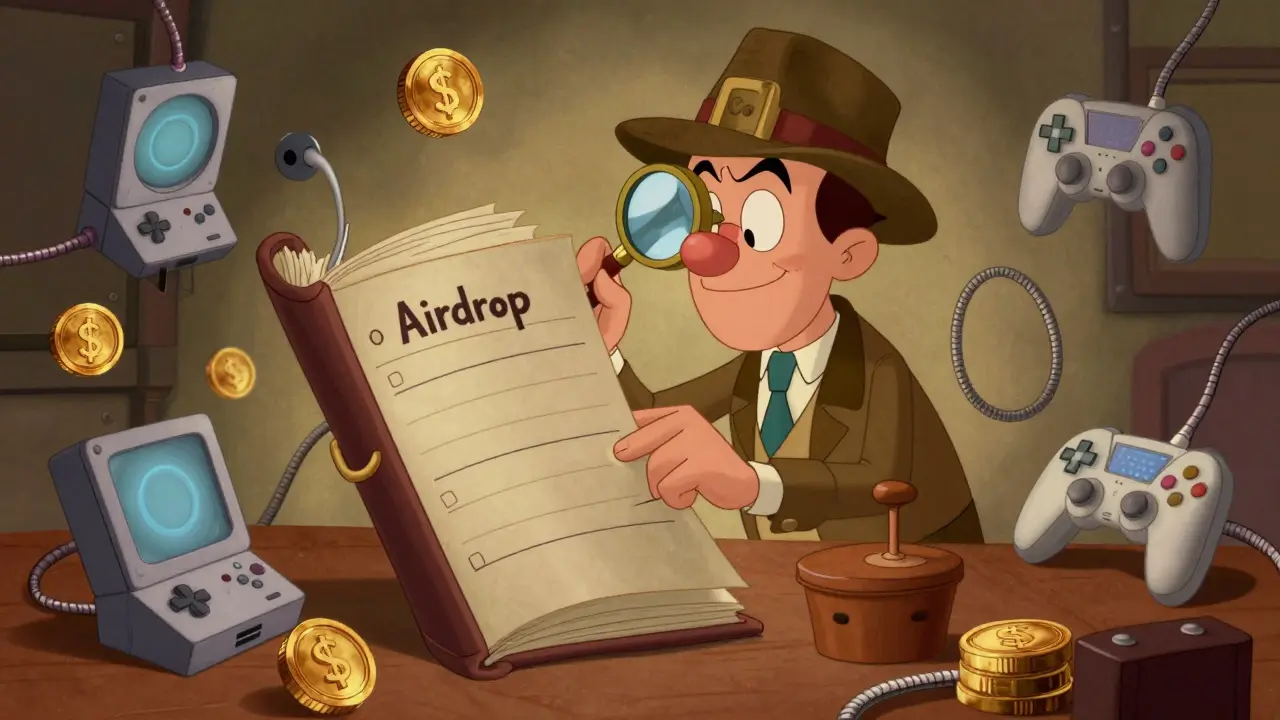 Detective character organizing a large ledger of crypto projects in classic cartoon style.