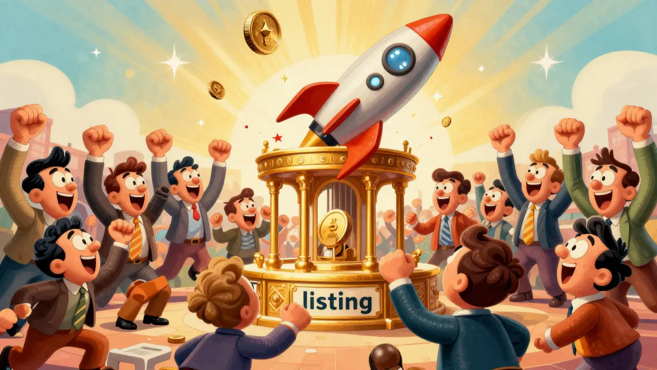Excited cartoon traders cheering as a digital coin skyrockets on a golden platform.