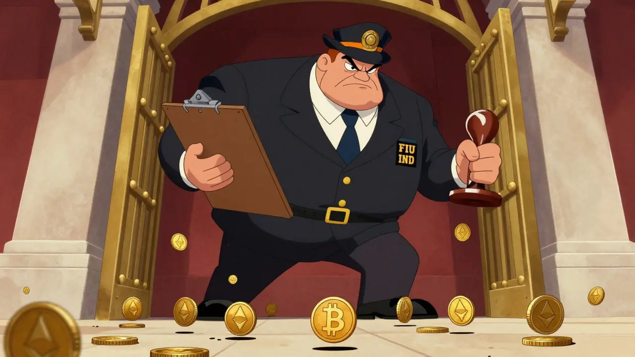 Giant government official blocking cartoon cryptocurrency symbols from entering a gate