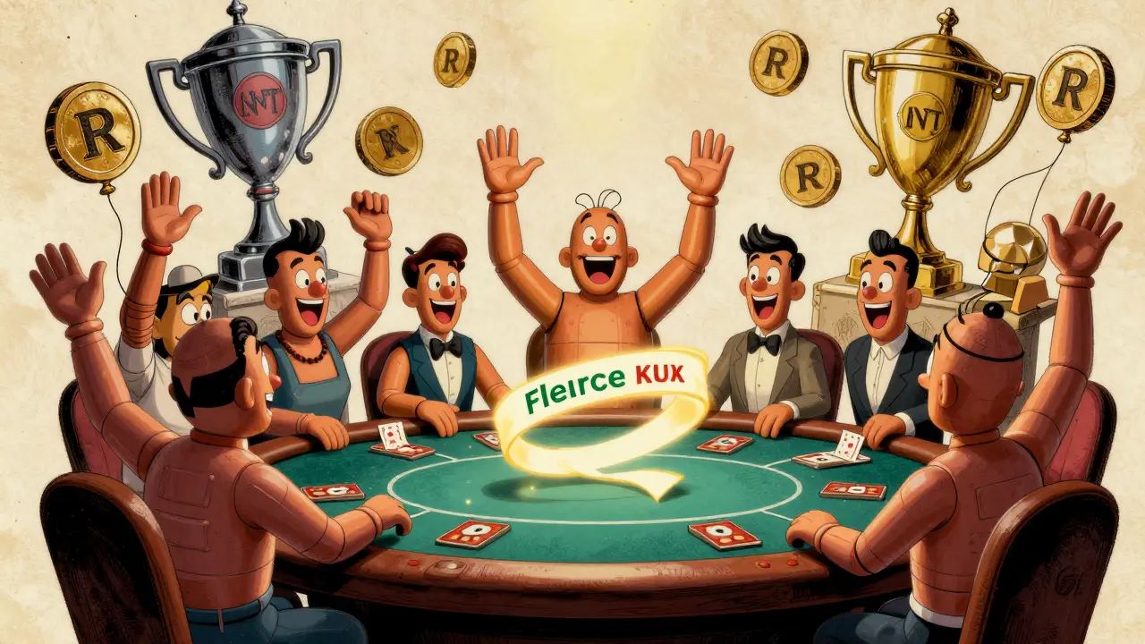 Rubber-hose style characters sharing a referral link around a floating poker table.