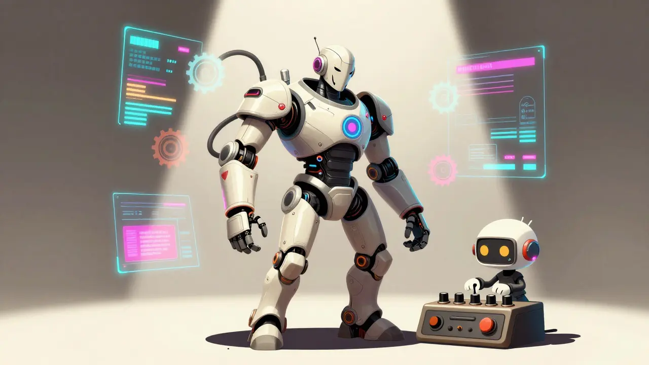 Rubber-hose style robot knight evolving its armor via a futuristic AI control panel