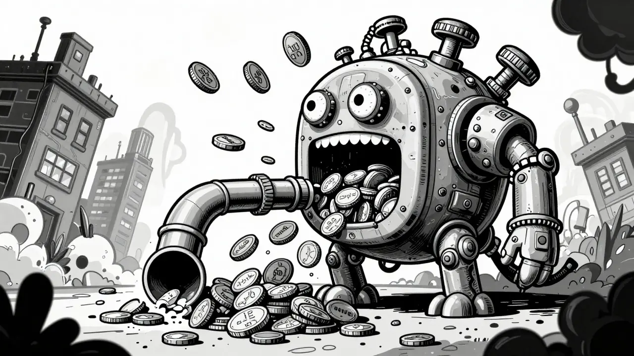 Steampunk machine consuming coins with no output in a vintage cartoon style