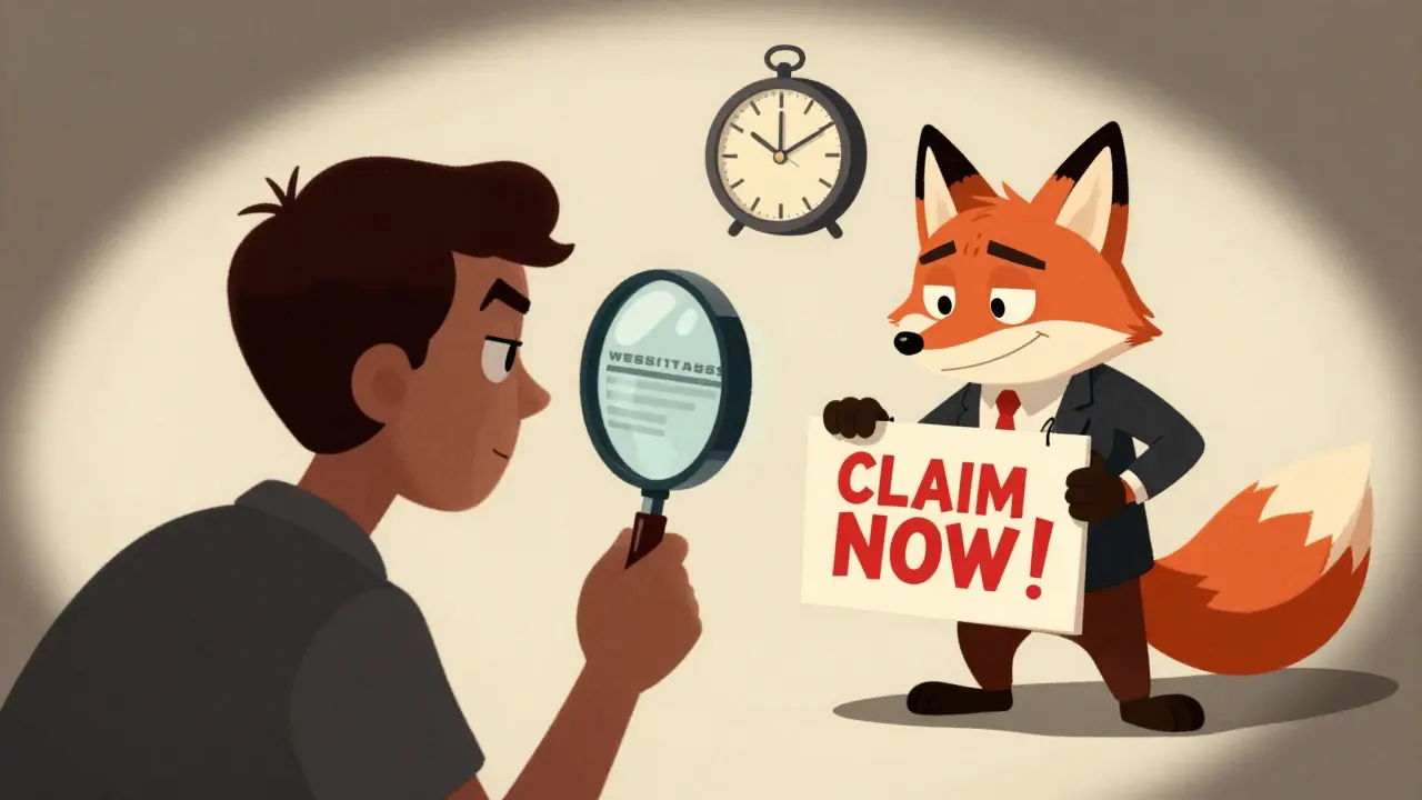Suspicious cartoon man examining a sneaky fox offering a fake token claim